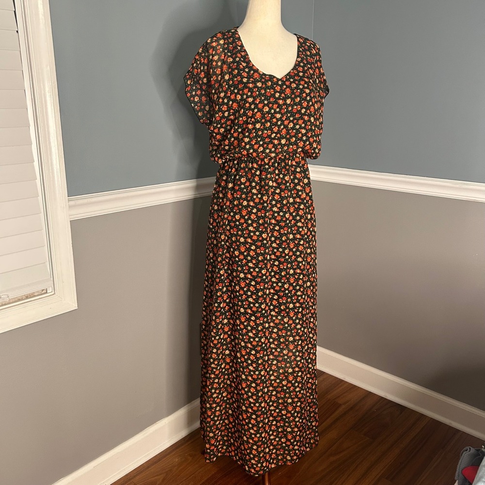 Espresso Floral Maxi Dress V Neck Short Sleeve Casual‎ Summer Size L